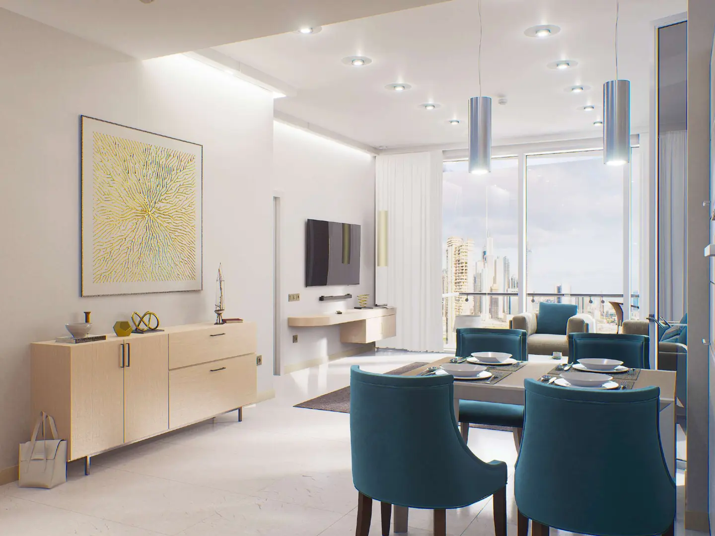 Render of an apartment living and dining room with full-height windows