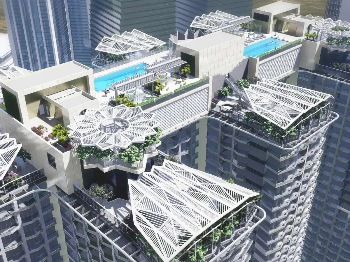 Render of the rooftop deck with two pools